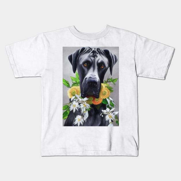 Beautiful Pastel Great Dane With collar Of Yellow & White Flowers Kids T-Shirt by NikkiBear67